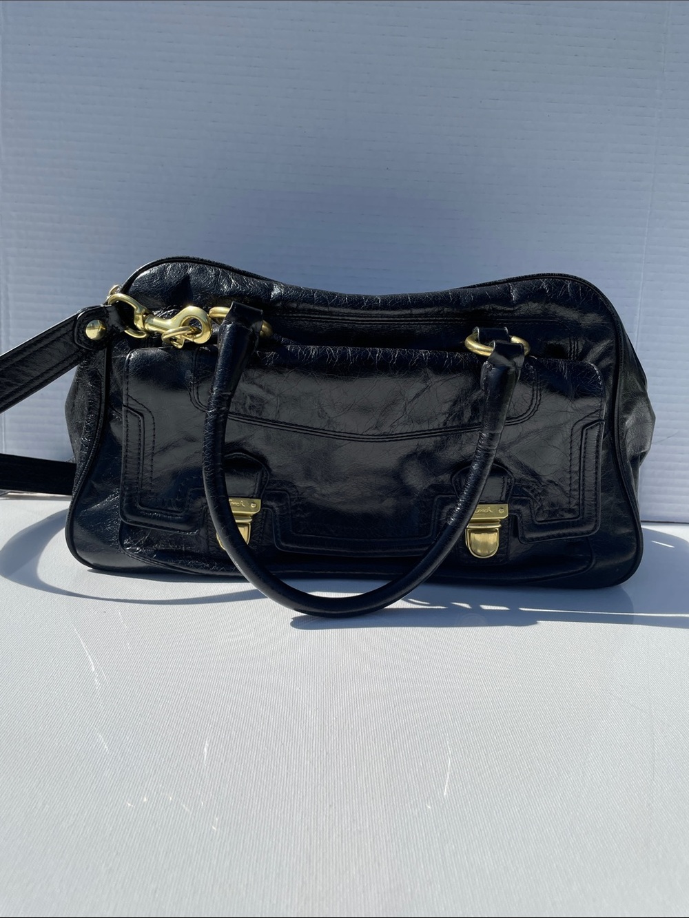 Coach Poppy Black Leather Satchel Bag with Gold Hardware